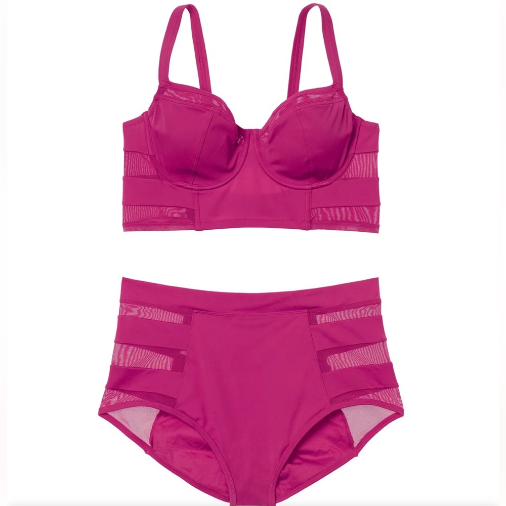 Adore Me Daeny Balconette Bikini Set Pink Mesh High Waisted 40D L NWT